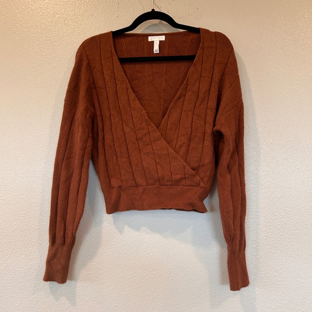 Leith Womens Ribbed Wrap Front Cropped Sweater Rust Brown V-Neck Size Small